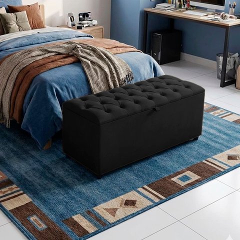 Recamier Baú Berlim Veludo Preto Solteiro 80cm Estofado Pés PVC Preto