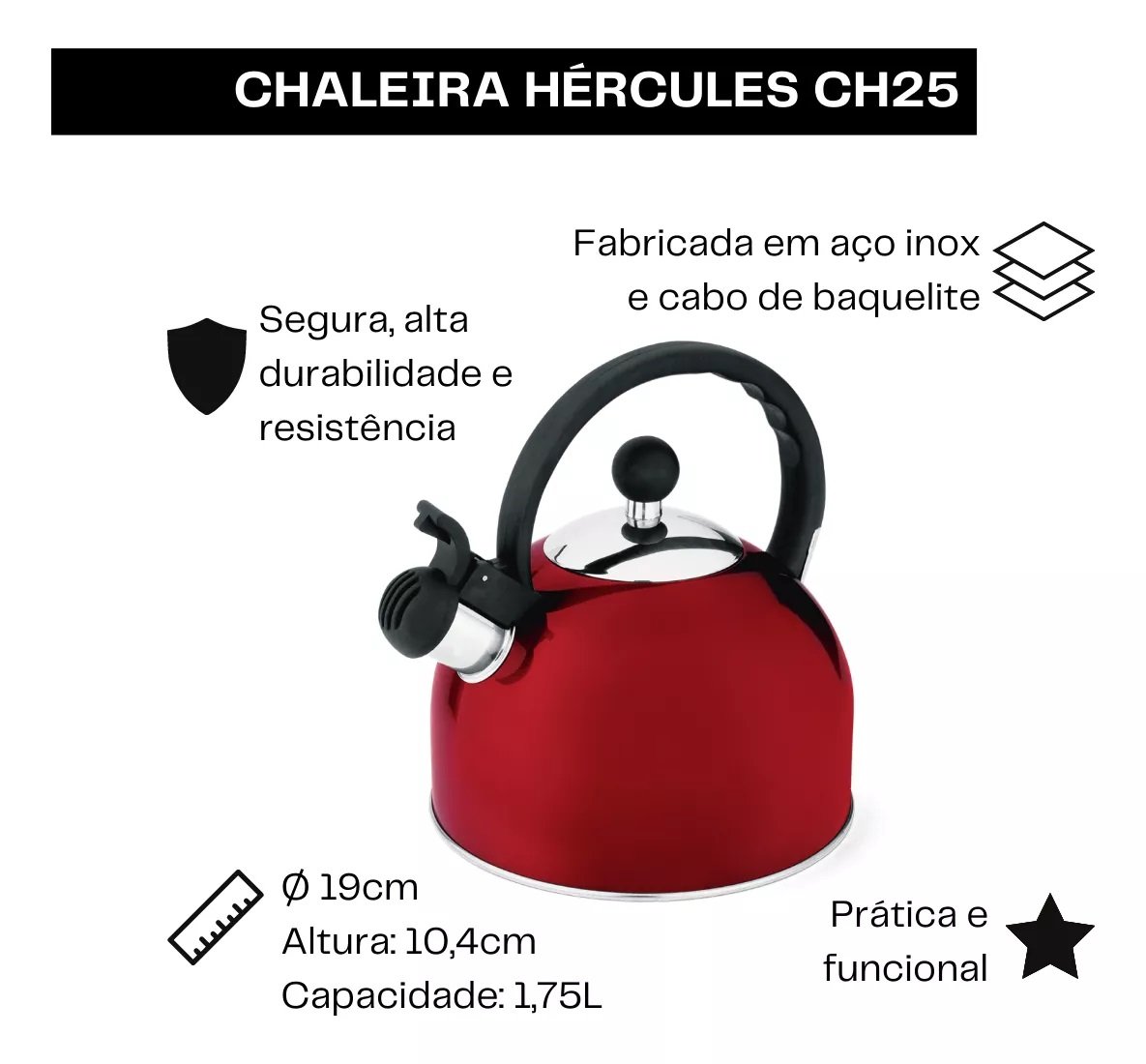 Chaleira 2L, Inox Vermelha - 3