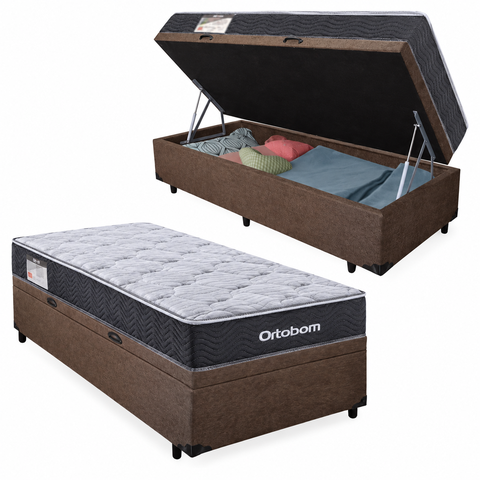 Cama Box Baú Solteiro Suede Marrom + Colchão Ortobom Elegant Superpock
