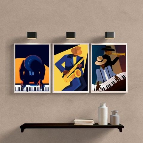 Kit 3 Quadros Decorativos Músicos Piano E saxofone 24x18cm - com Vidro:madeira Branca