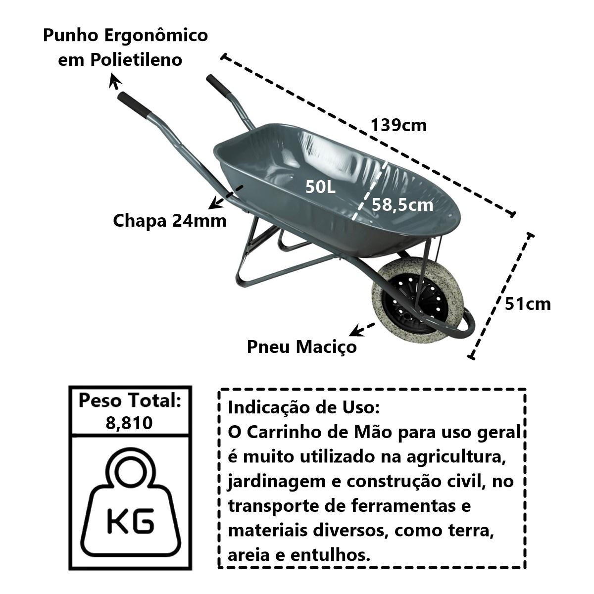 Carrinho de Mão em Aço Carbono Pneu Maciço Chapa 24mm 50l Minasul - 5