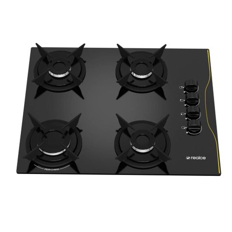 Cooktop a Gás 4 Bocas Preto com Mesa de Vidro e Trempes em Ferro Fundido Bivolt - Realce