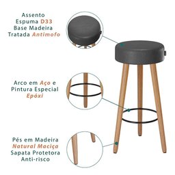 Kit 2 Banquetas Alta Paris Pé Madeira Bar Cozinha Espaco Gourmet Couro Pu Preto - 4