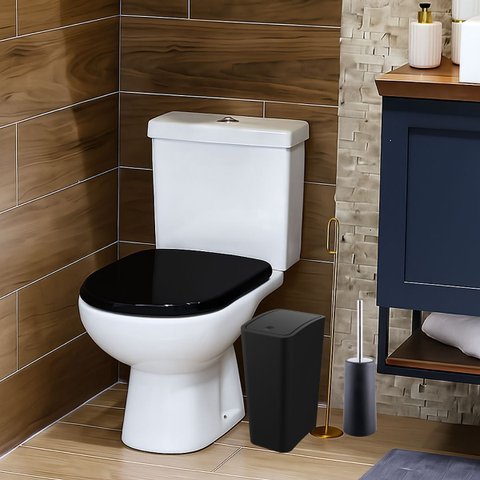 Assento Sanitário Slim Almofadado Preto + Lixeira Preta 8l Tampa Click + Escova Sanitária Base Redon