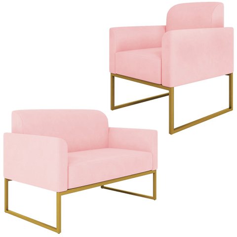 Conjunto Namoradeira e Poltrona Decorativa Isabella Base Industrial Suede Rosa Bebê/Dourado - Gran B
