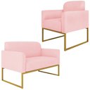 Ver imagem 1 de Conjunto Namoradeira e Poltrona Decorativa Isabella Base Industrial Suede Rosa Bebê/Dourado - Gran B