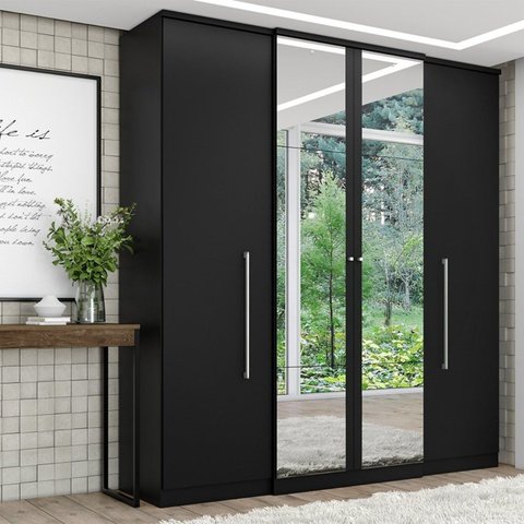 Guarda-Roupa 4 Portas 2 Gavetas com Espelho 181cm Splendore Preto