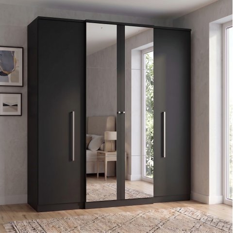 Guarda-Roupa Solteiro com Espelho 4 Portas 2 Gavetas 181 x 206cm Splendore Yescasa Preto