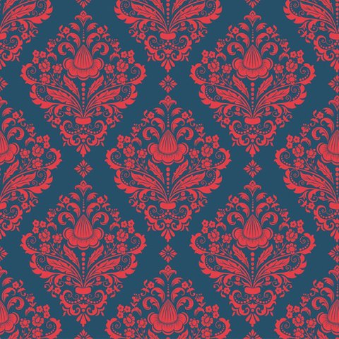 Papel de Parede Damask Azul e Vermelho Vintage - 3,0x0,5m