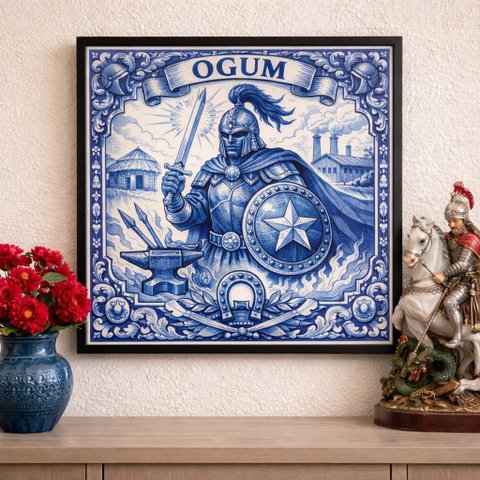 Quadro Estilo Azulejo Ogum 33x33cm Mold Preta Vidro