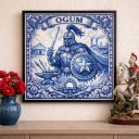 Ver imagem 1 de Quadro Estilo Azulejo Ogum 33x33cm Mold Preta Vidro