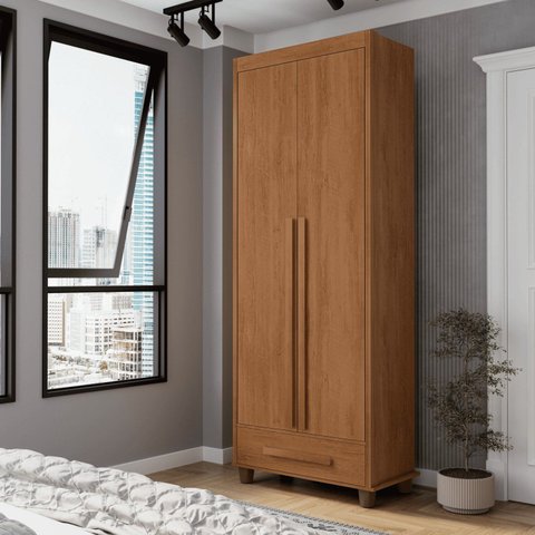 Guarda-Roupa Solteiro com 2 Portas 1 Gaveta e 4 Prateleiras Dubai Marrom Carvalho Tapajós