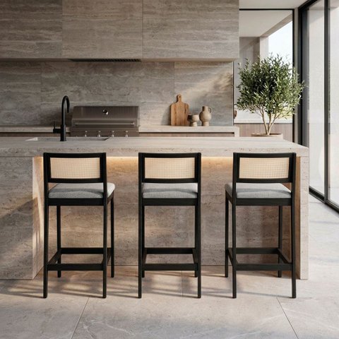 Banqueta Cozinha Média Madeira Preta Kit 3 Encosto Palhinha Austria I03 - D'Rossi