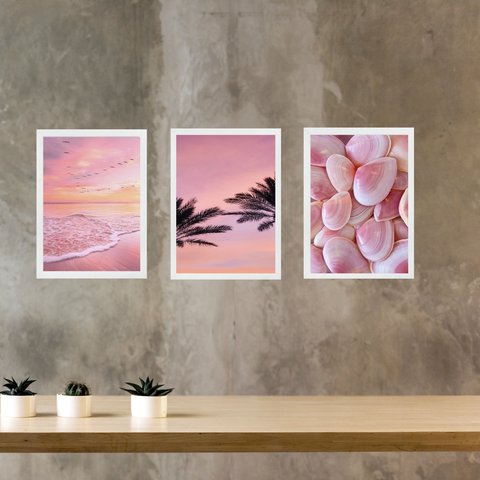 Kit 3 Quadros Decorativos Rosados Praia 33x24cm - com Vidro:moldura Branca