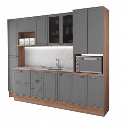 Armário de Cozinha Completa com Balcão Milla Origin Core Carraro Nogal com Cinza Titânio