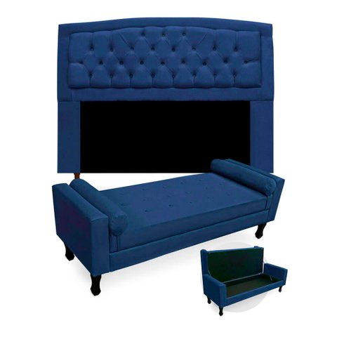 Kit Cabeceira Geovana + Calçadeira Baú Felix King Size 195cm Suede - Ecotec Decor:Azul Marinho