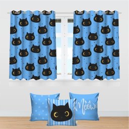 Kit Cortina Infantil Gatinho + 3 Capas Almofadas De Quarto - 2