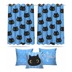 Kit Cortina Infantil Gatinho + 3 Capas Almofadas De Quarto - 1