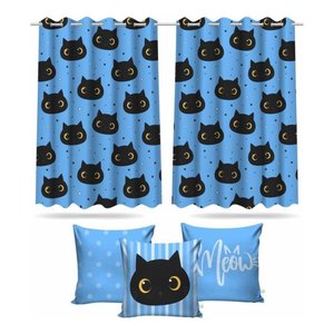 Kit Cortina Infantil Gatinho + 3 Capas Almofadas De Quarto
