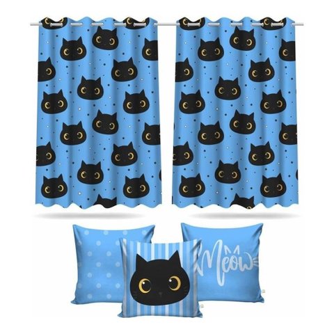 Kit Cortina Infantil Gatinho + 3 Capas Almofadas De Quarto