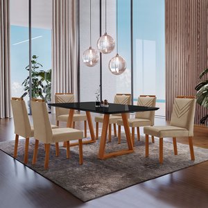Conjunto Sala de Jantar Mesa Viena Madeira Maciça 160x90cm Tampo Retângular Vidro Preto com 6 Cadeir