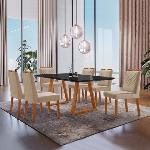 Conjunto Sala de Jantar Mesa Viena Madeira Maciça 160x90cm Tampo Retângular Vidro Preto com 6 Cadeir