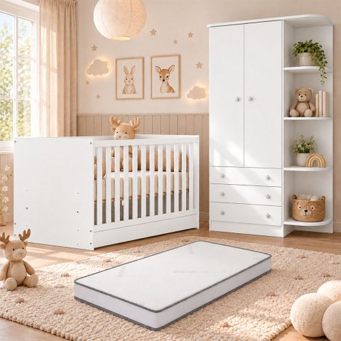 Kit Quarto de Bebê Doce Sonho com Berço Mini Cama Guarda Roupa 2 Portas e Colchão D18 130x70 Movellu