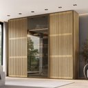 Ver imagem 5 de Guarda Roupa Casal 3 Portas Vidro Reflecta e Ripado 2,74m com LED Gavetas e Sapateiras Deslizantes