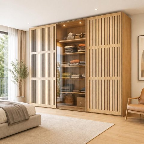 Guarda Roupa Casal 3 Portas Vidro Reflecta e Ripado 2,74m com LED Gavetas e Sapateiras Deslizantes