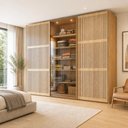 Ver imagem 1 de Guarda Roupa Casal 3 Portas Vidro Reflecta e Ripado 2,74m com LED Gavetas e Sapateiras Deslizantes