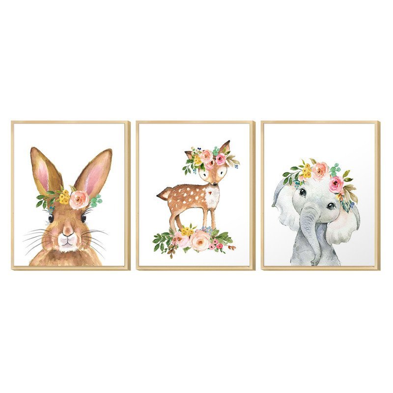 Kit 3 Quadros Decorativo Temático de Criança Moldura Caixa Animais Flores Delicados - 4