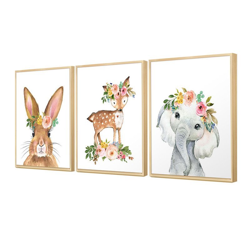 Kit 3 Quadros Decorativo Temático de Criança Moldura Caixa Animais Flores Delicados