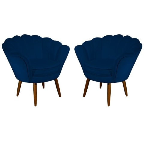 Kit 2 Poltronas Decorativa Pétala Suede Azul Marinho Pés Madeira Mz Decor