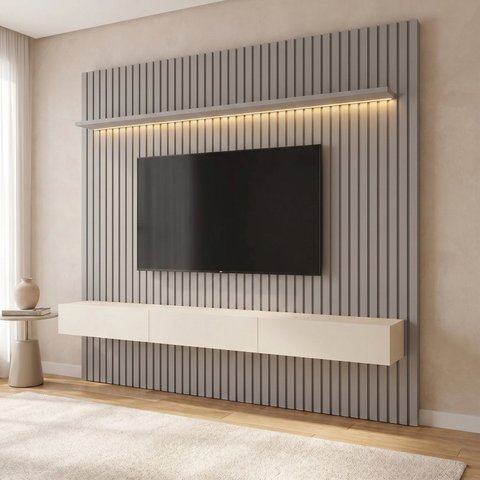 Rack com Painel Ripado para TV até 90 Polegadas em MDF com LED Linha Nobre 250cm x 228,8cm Cinza