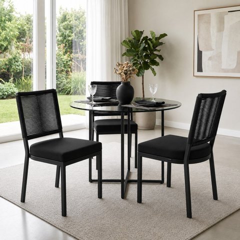 Kit 3 Cadeiras em Alumínio Preto para Área Gourmet e Cozinha Sala de Jantar Modelo Moderno