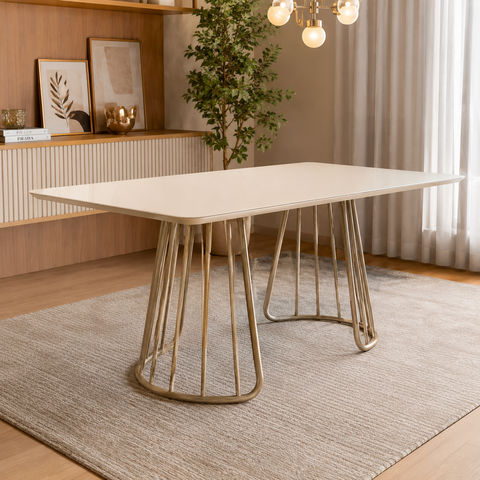 Mesa de Jantar Moderna 1,60m Off White Base Champagne 6 Lugares