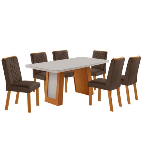 Mesa de Jantar Carolina 180cm Tp MDF Vidro Canto Copo Base Detalhe Off White com 6 Cadeiras Milena
