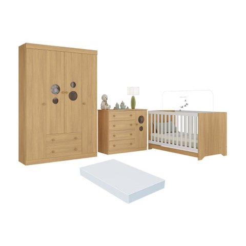 Quarto de Bebê Completo Berço Americano 3 em 1 Colchão Pirulito Multimóveis Mp4629 Madeirado