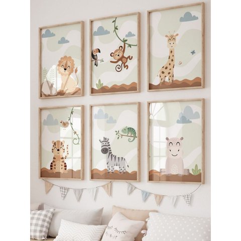 Kit 6 Quadros Decorativos Infantil Animais Safari No3