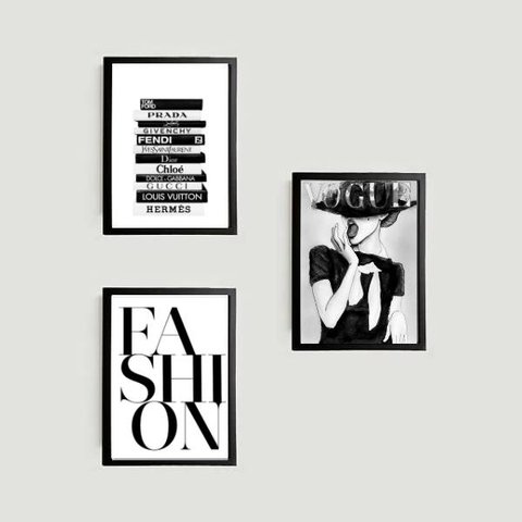 Kit 3 Quadros Fashion Preto e Branco 24x18cm - com vidro:Madeira branca