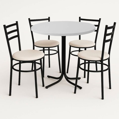 Mesa de Jantar Redonda 80cm Branca com 4 Cadeiras Estofada Preta
