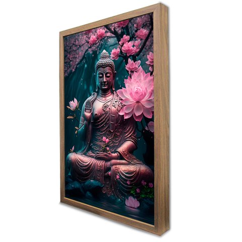 Quadro Decorativo Buda e As Flores em Moldura Caixa Tacolado Moldura Caixa Alta 4,5cm Madeira sem Vi