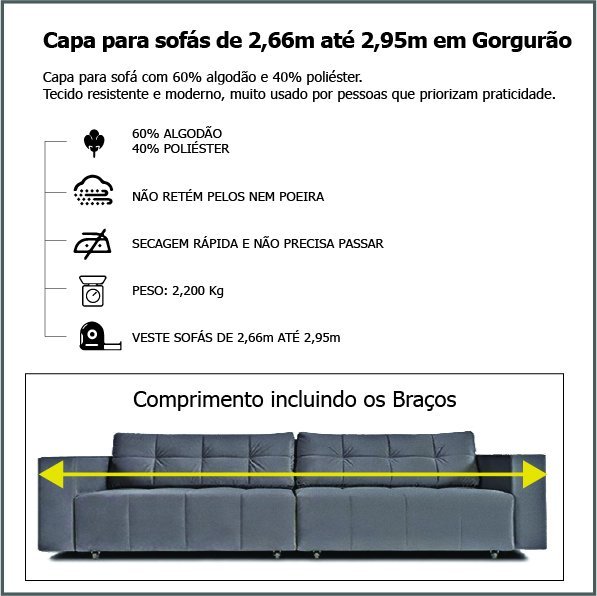 Capa de Sofá Retrátil 3 Lugares Gorgurão até 2,95m:Crua - 3