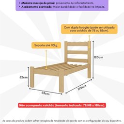 Cama de Solteiro Madeira Maciça para Colchão 78/88x188cm Multimóveis Cr35254 - Natural - 3