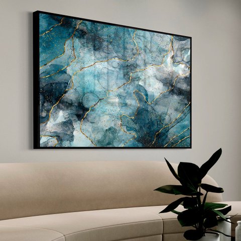 Quadro Decorativo Abstrato Mármore Azul em Moldura Caixa Tacolado Moldura Trad 1cm Madeira Escura Co