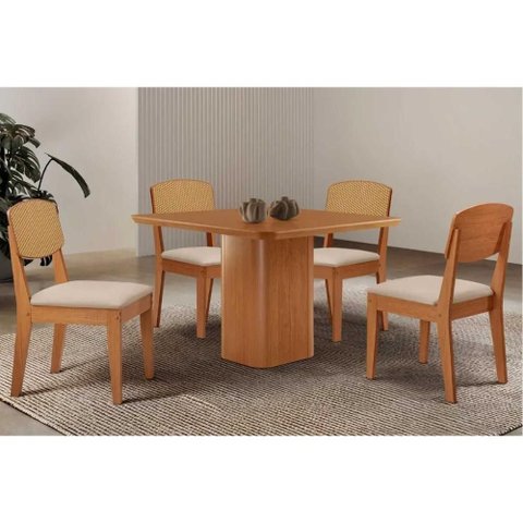 Sala de Jantar Completa Maldivas C/ Tampo Madeirado Canto Curvo 90x90cm e 4 Cadeiras Havana Premium