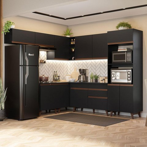 Armário de Cozinha Completa de Canto 472cm Preto Reims Madesa 01
