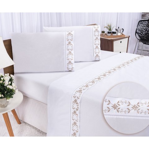 Jogo lençol Veneza quarto casal Queen bordado 4 peças 2fronha:Branco com Caqui