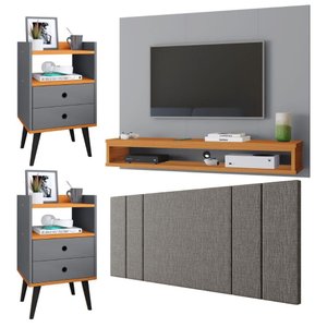 Painel Tv 50 Polegadas Cabeceira 1,40 Linho Cama Casal 2 Mesinhas Canto Quarto Gaveta Cinza/cinamomo