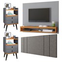 Ver imagem 1 de Painel Tv 50 Polegadas Cabeceira 1,40 Linho Cama Casal 2 Mesinhas Canto Quarto Gaveta Cinza/cinamomo